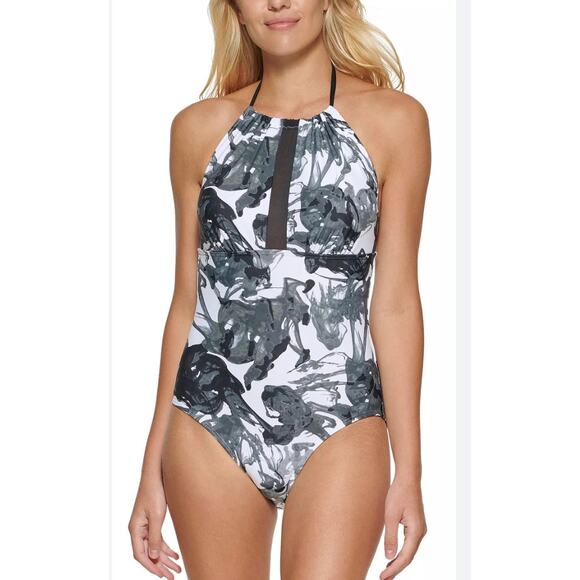 Calvin Klein Mesh-Inset Halter Neck One Piece Black Smoke Swimsuit 16 NWT - Picture 1 of 6